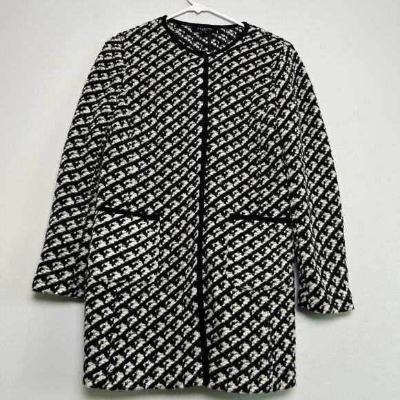 Talbots Womens Black White Wool Blend Snap Button Jacket geometric Petite Sz M - Picture 1 of 13